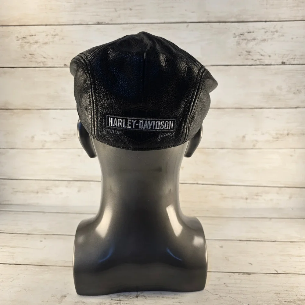 Harley Davidson Mens Black Leather Cap Flat Hat Biker Logo Genuine MotorClothes
